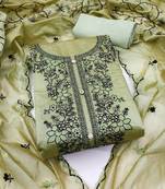 Women's green unstitched multi thread embrodiery and with embroidered dupatta chanderi cotton dress material 
