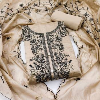 Women's beige thread embrodiery with embroidered dupatta chanderi cotton dress material 1
