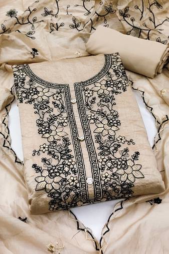 Women's beige unstitched thread embrodiery with embroidered dupatta chanderi cotton dress material 
