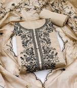 Women's beige unstitched thread embrodiery with embroidered dupatta chanderi cotton dress material 