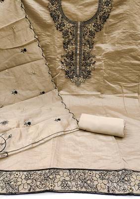 Women's beige thread embrodiery with embroidered dupatta chanderi cotton dress material 2