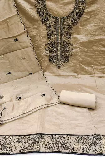 Women's beige thread embrodiery with embroidered dupatta chanderi cotton dress material