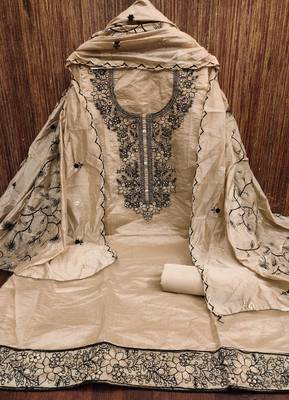 Women's beige thread embrodiery with embroidered dupatta chanderi cotton dress material 3
