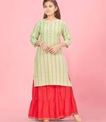Aarika girls green-red colour stripe cotton kurti skirt set