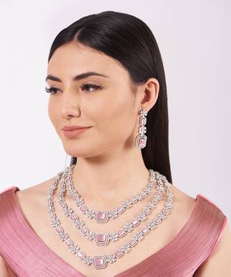 Triple Layer Rose Pink Necklace Set 1