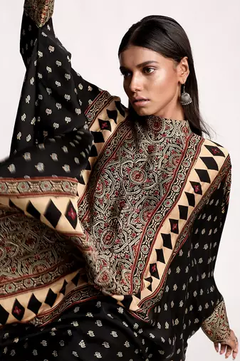 Black Full Bloom Kaftan Tunic Set