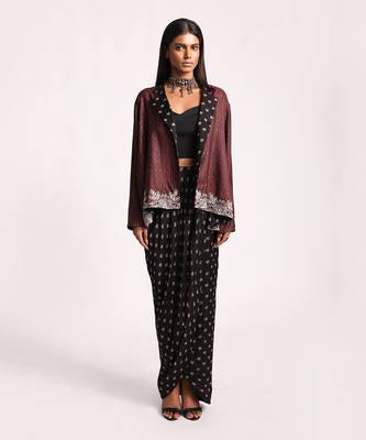 Black And Maroon Embroidered Lotus Reversible Jacket Set 1