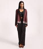 Black And Maroon Embroidered Lotus Reversible Jacket Set