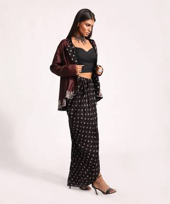 Black And Maroon Embroidered Lotus Reversible Jacket Set 2