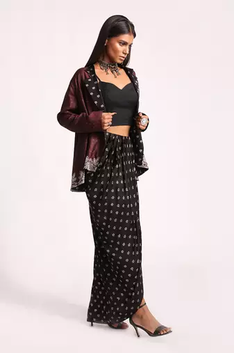 Black And Maroon Embroidered Lotus Reversible Jacket Set