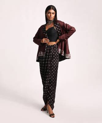 Black And Maroon Embroidered Lotus Reversible Jacket Set 3