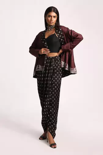 Black And Maroon Embroidered Lotus Reversible Jacket Set
