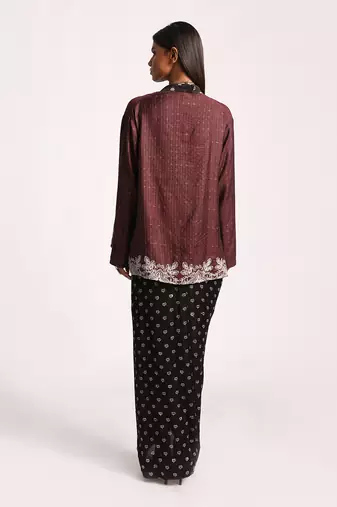 Black And Maroon Embroidered Lotus Reversible Jacket Set