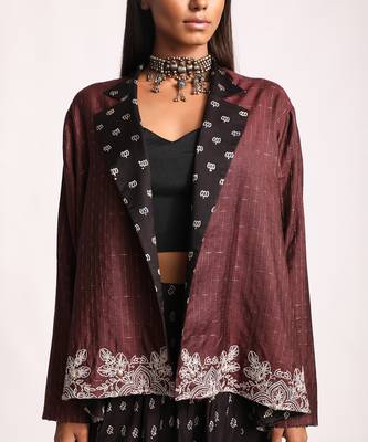 Black And Maroon Embroidered Lotus Reversible Jacket Set 5