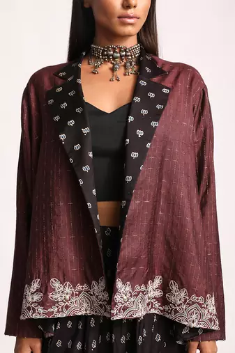 Black And Maroon Embroidered Lotus Reversible Jacket Set