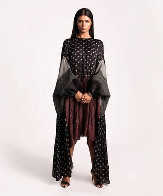 Black And Maroon Vintage Lotus Drawstring Dress  1