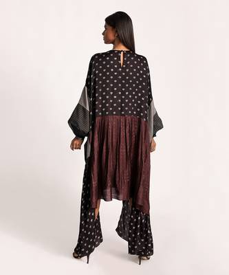 Black And Maroon Vintage Lotus Drawstring Dress  4