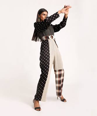 Black And Beige Vintage Lotus Puffed Sleeve Jumpsuit 2