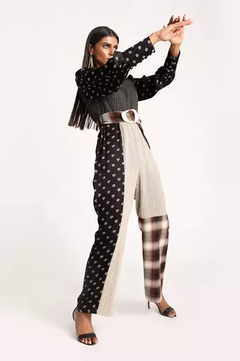 Black And Beige Vintage Lotus Puffed Sleeve Jumpsuit