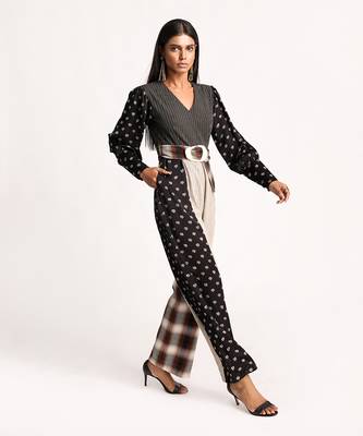 Black And Beige Vintage Lotus Puffed Sleeve Jumpsuit 3