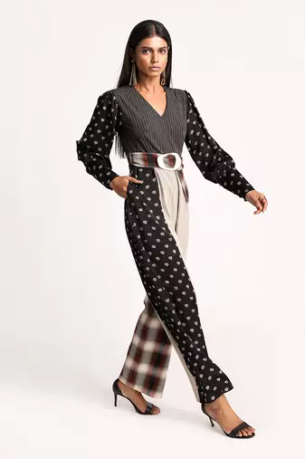 Black And Beige Vintage Lotus Puffed Sleeve Jumpsuit