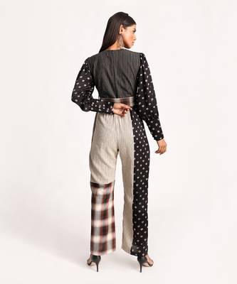 Black And Beige Vintage Lotus Puffed Sleeve Jumpsuit 4