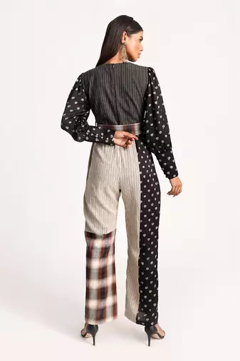 Black And Beige Vintage Lotus Puffed Sleeve Jumpsuit