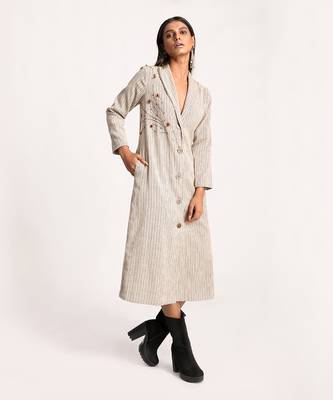Beige Embroidered Striped Blazer Dress 1