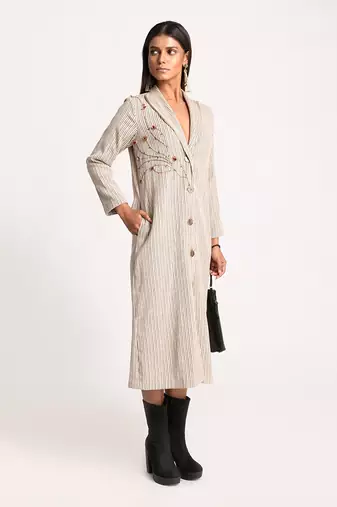Beige Embroidered Striped Blazer Dress