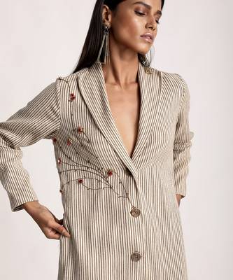 Beige Embroidered Striped Blazer Dress 4