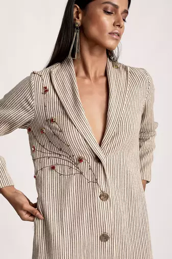 Beige Embroidered Striped Blazer Dress