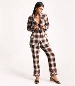 Maroon Andbeige Embroidered Plaid Blazer Pant Set