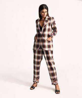Maroon Andbeige Embroidered Plaid Blazer Pant Set 2