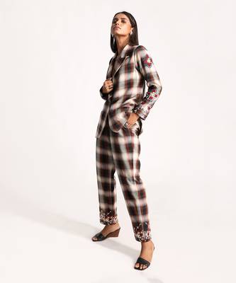 Maroon Andbeige Embroidered Plaid Blazer Pant Set 3