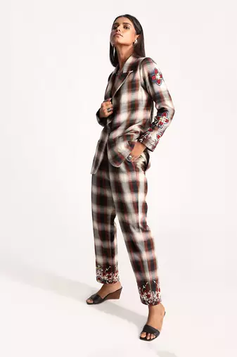 Maroon Andbeige Embroidered Plaid Blazer Pant Set