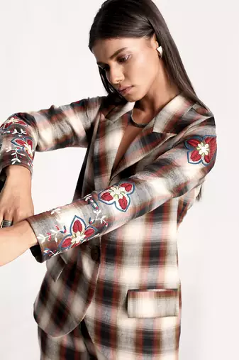 Maroon Andbeige Embroidered Plaid Blazer Pant Set