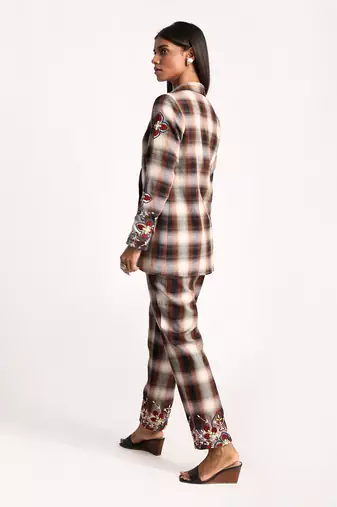 Maroon Andbeige Embroidered Plaid Blazer Pant Set