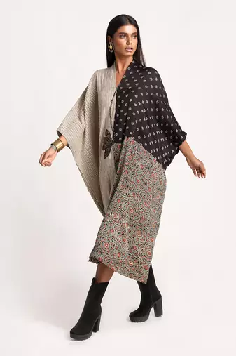 Black And Beige Lotus Appliqué Kaftan Dress