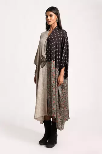 Black And Beige Lotus Appliqué Kaftan Dress