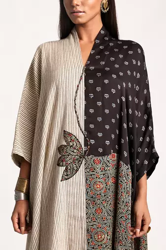 Black And Beige Lotus Appliqué Kaftan Dress