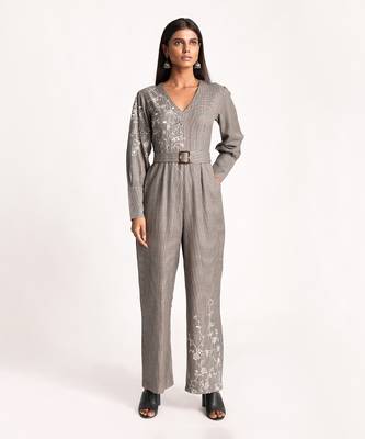 Black Embroidered Belted Houndstooth Jumpsuit 1