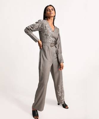 Black Embroidered Belted Houndstooth Jumpsuit 2