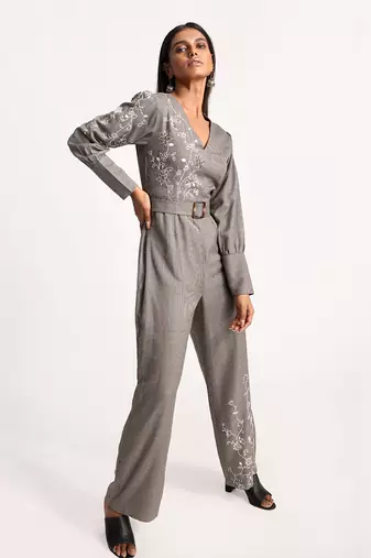 Black Embroidered Belted Houndstooth Jumpsuit