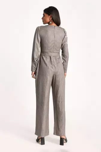 Black Embroidered Belted Houndstooth Jumpsuit