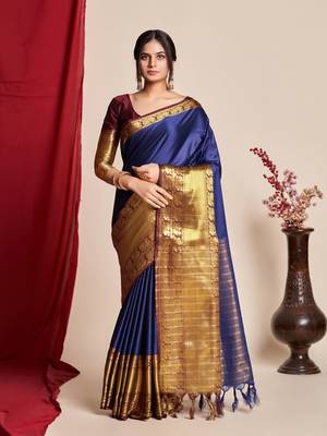 Kimisha women's navy blue silk kanjeevaram woven saree with blouse piece 1