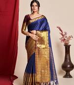 Kimisha women's navy blue silk kanjeevaram woven saree with blouse piece
