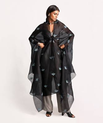 Black Front Knot Organza Silk Cape Set 1