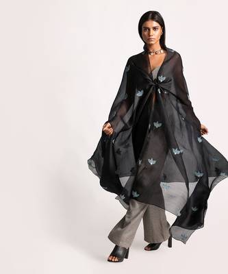 Black Front Knot Organza Silk Cape Set 2