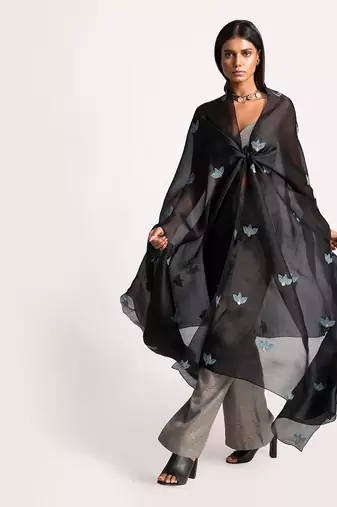 Black Front Knot Organza Silk Cape Set