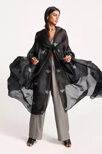 Black Front Knot Organza Silk Cape Set